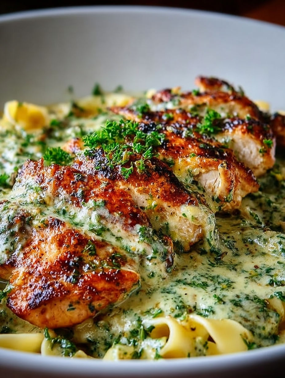 A dish of creamy pesto chicken with chicken and pasta.