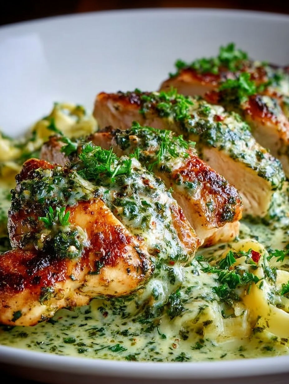 A plate of chicken covered in creamy pesto sauce.