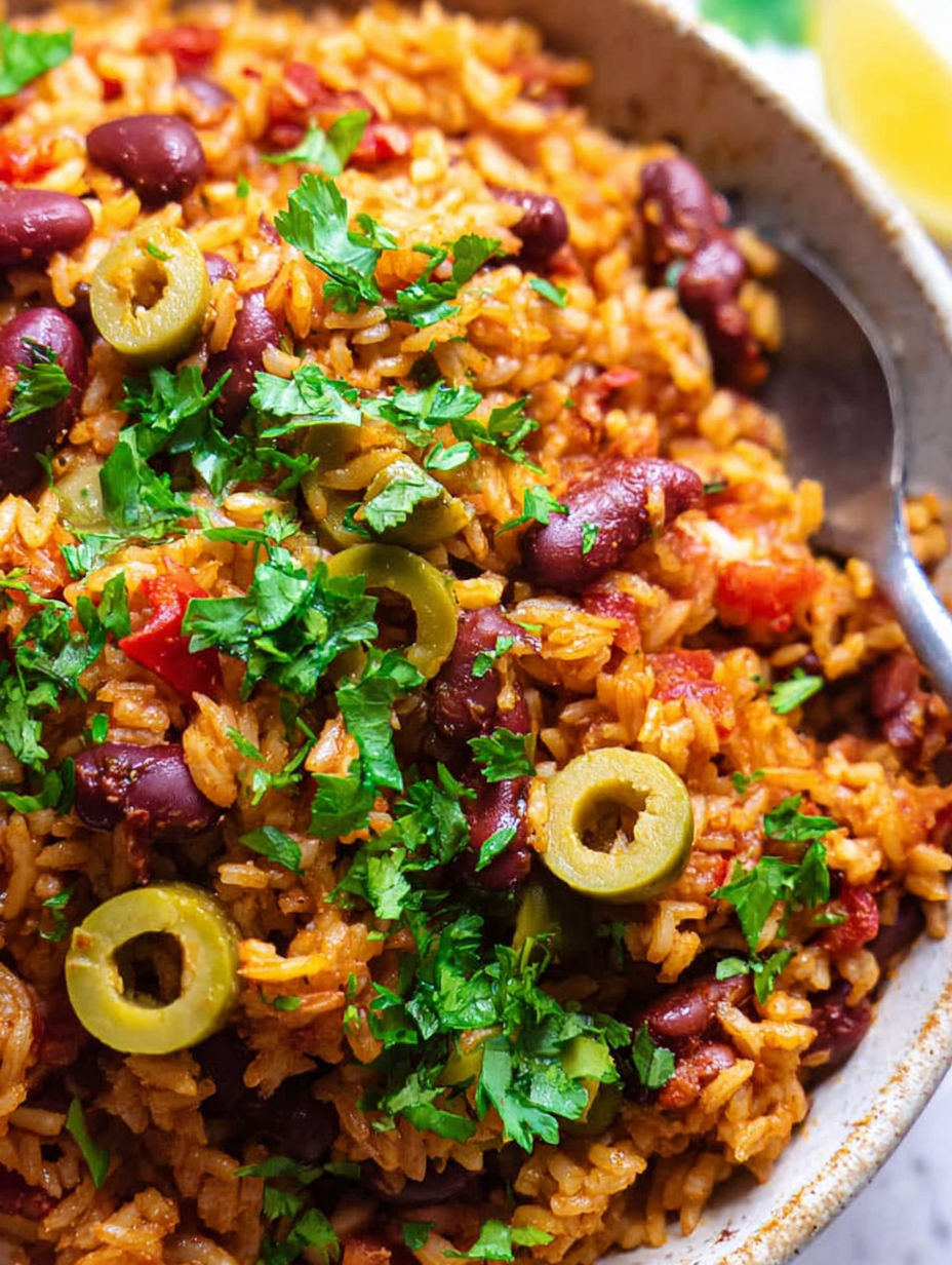 A bowl of rice and beans with green onions.