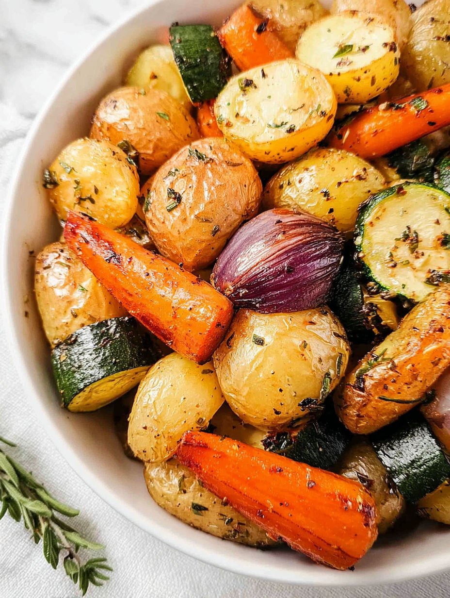 A bowl of roasted vegetables including carrots, potatoes, zucchini, and onions.