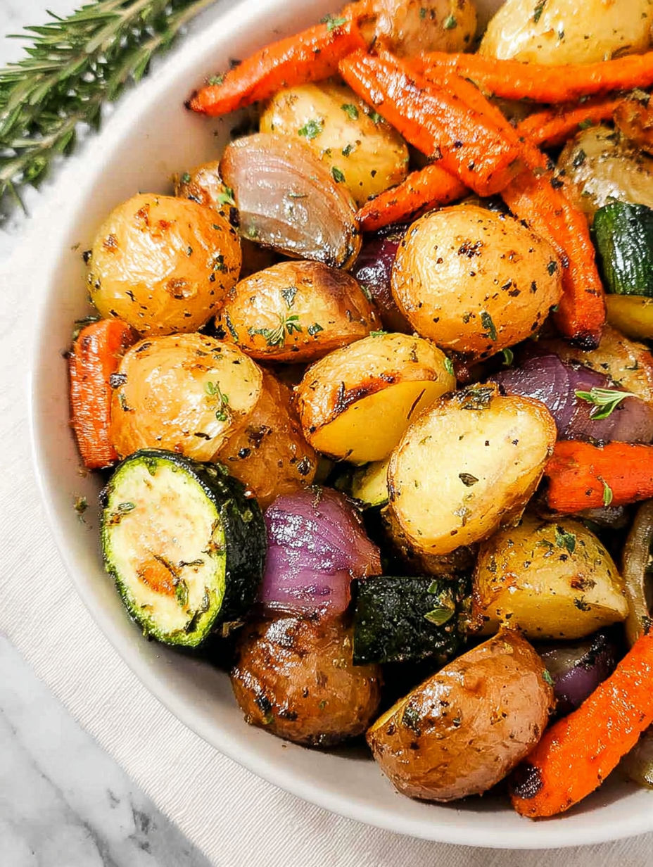 A bowl of roasted vegetables including potatoes, carrots, and zucchini.