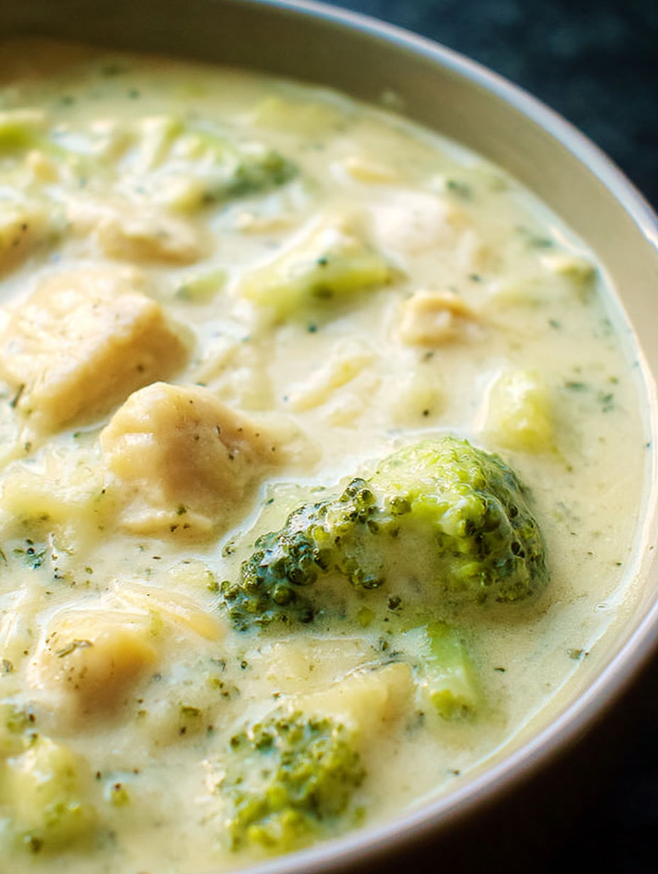 A bowl of soup with broccoli and chicken.