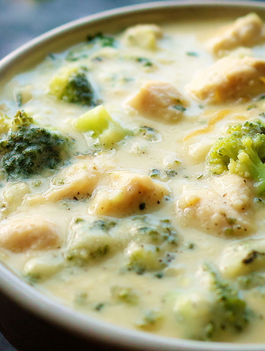 A bowl of soup with broccoli and chicken.