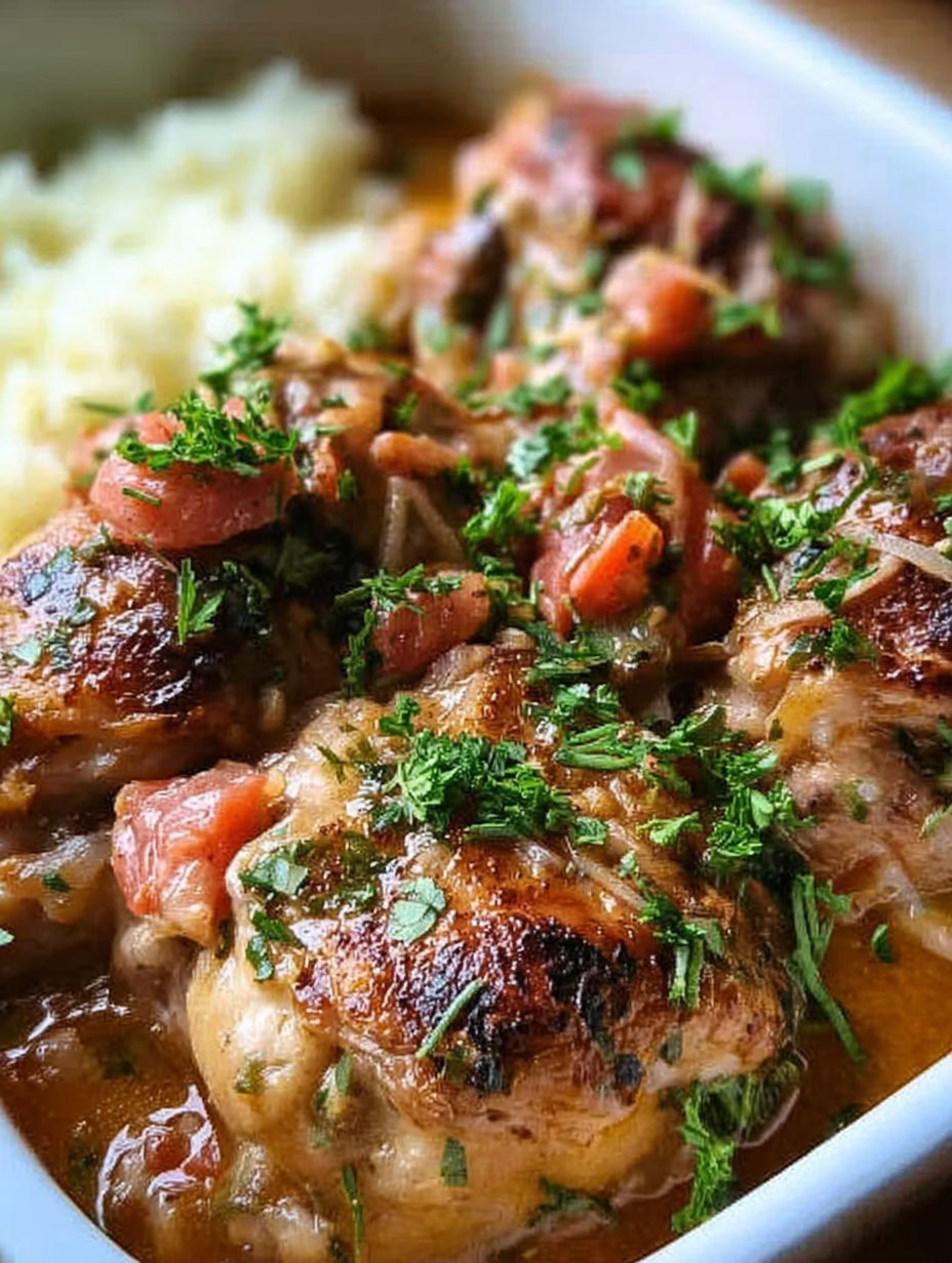 Italian crockpot chicken thighs with tomatoes and herbs.