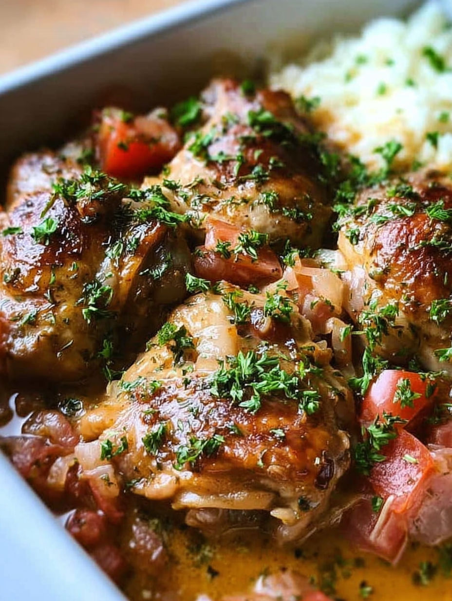 Italian crockpot chicken thighs with tomatoes and herbs.