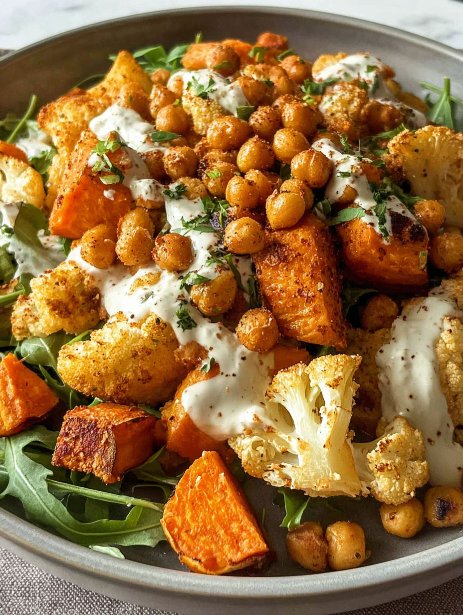 A glow bowl with roasted vegetables and tahini yogurt sauce.