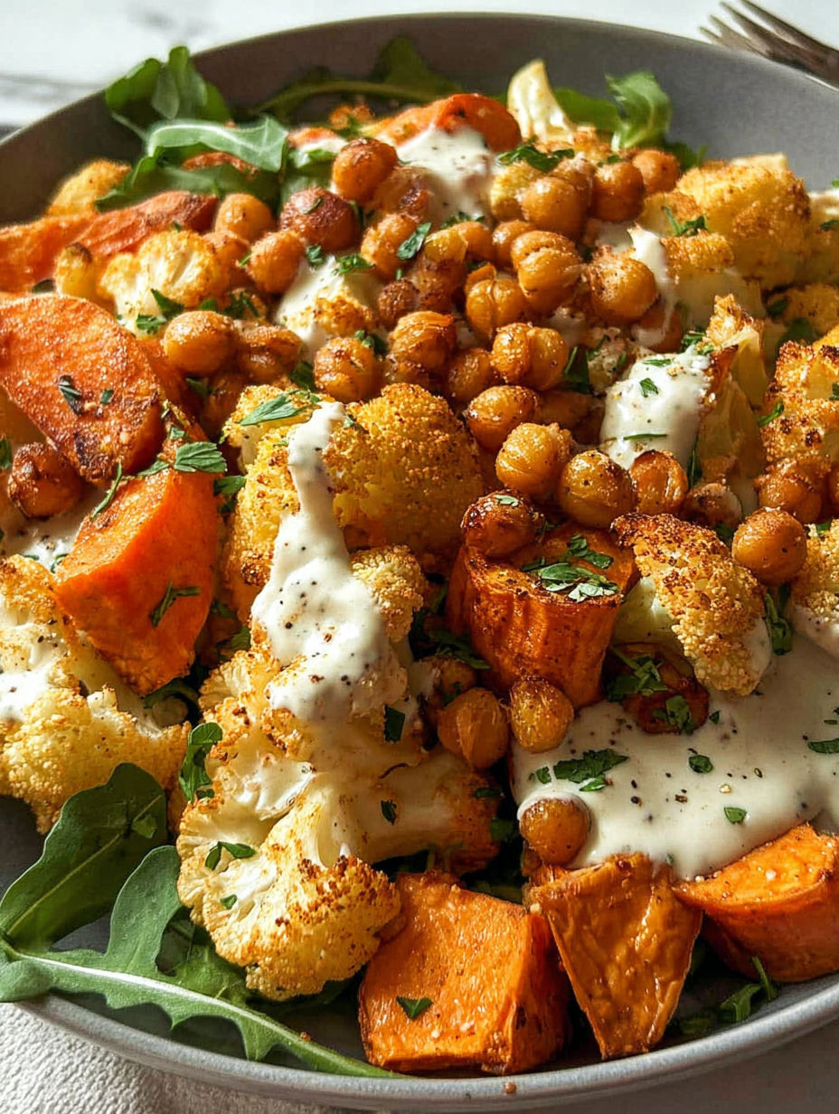 A glow bowl with roasted vegetables and tahini yogurt sauce.
