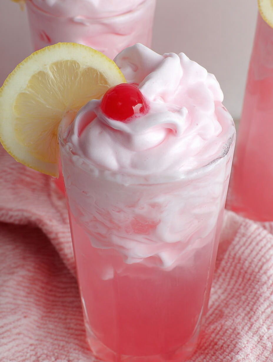 A glass of whipped pink lemonade with a lemon wedge in it.