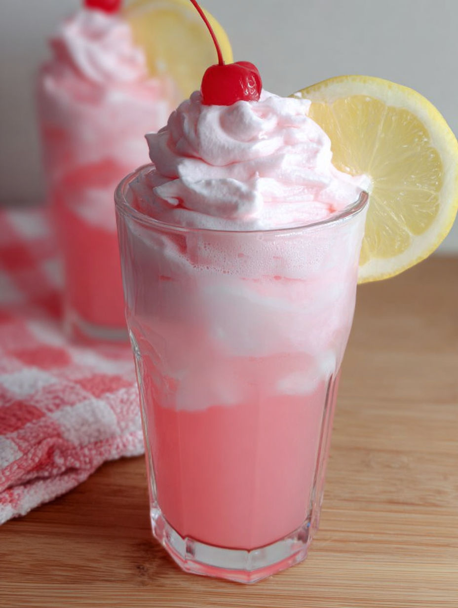 A glass of pink lemonade with a lemon wedge on top.