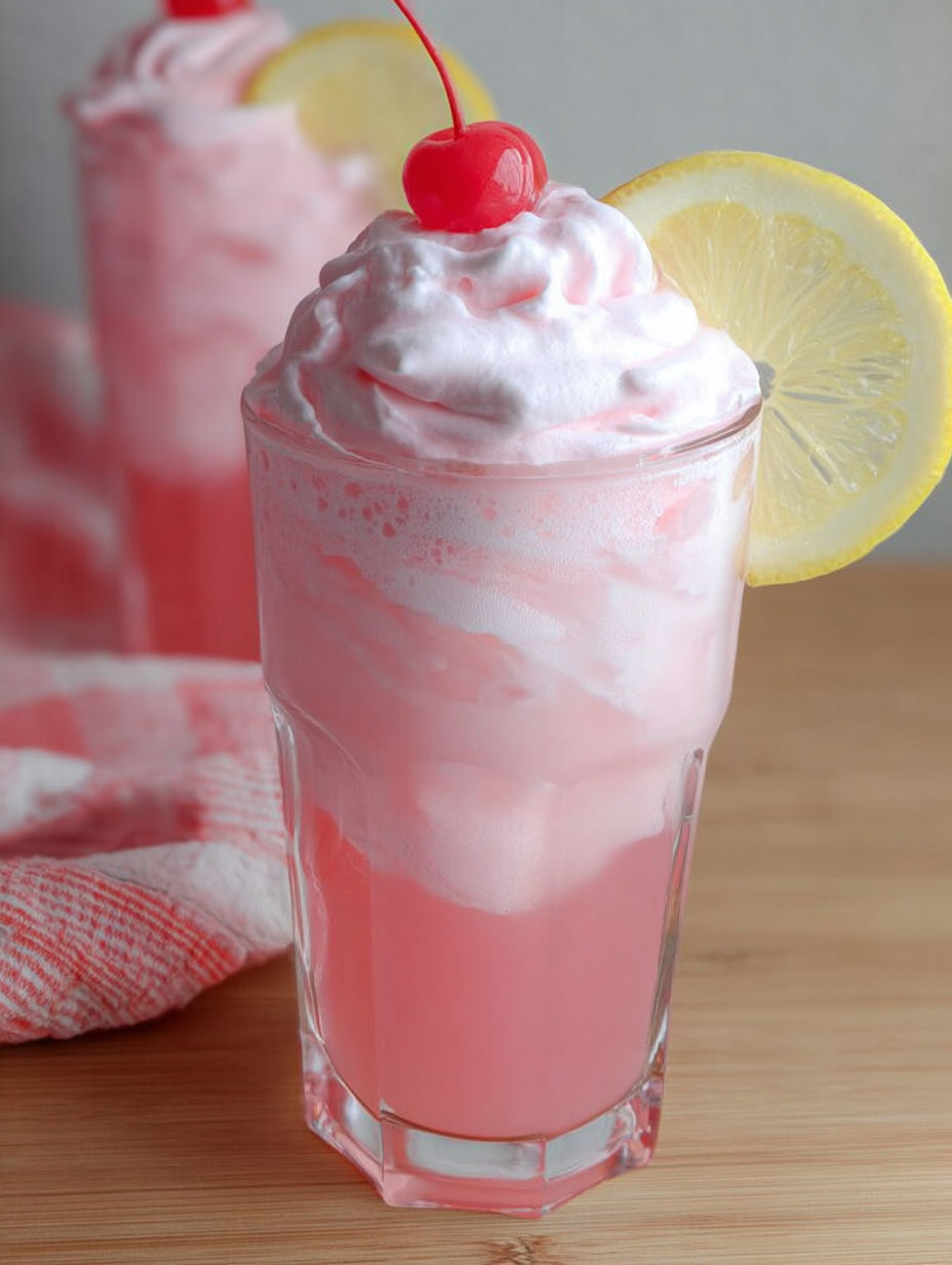 A glass of whipped pink lemonade with a lemon wedge on top.