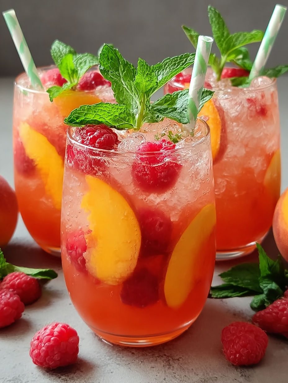 A glass of raspberry peach lemonade with a green straw.