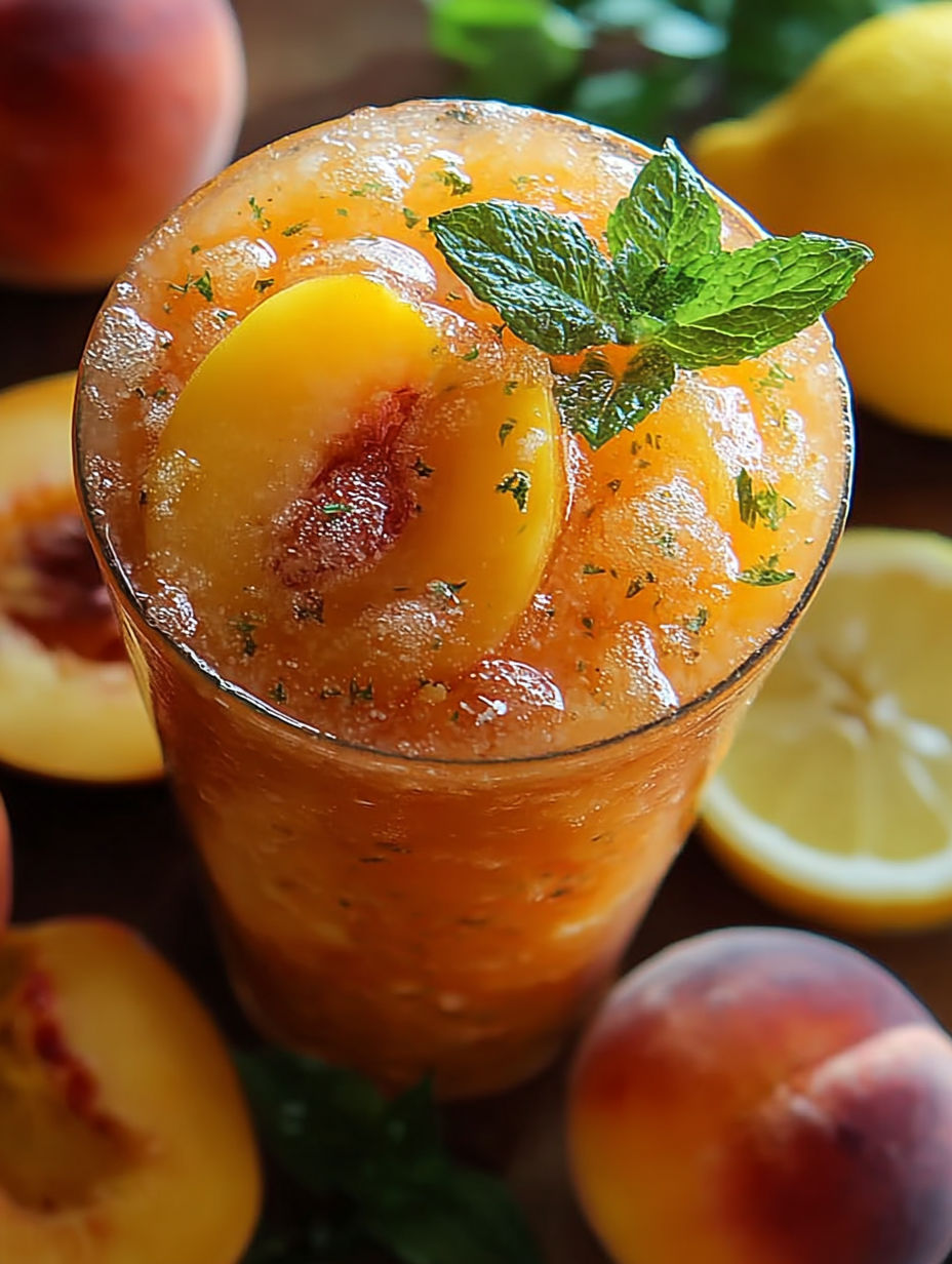 A glass of frozen peach lemonade.