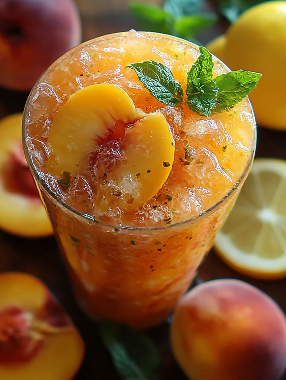 A glass of peach juice with a lemon wedge on top.
