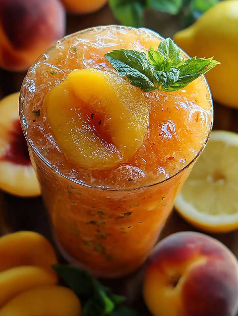 A glass of peach juice with a lemon wedge on top.