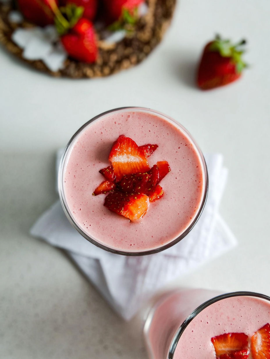 A glass of strawberry banana smoothie.