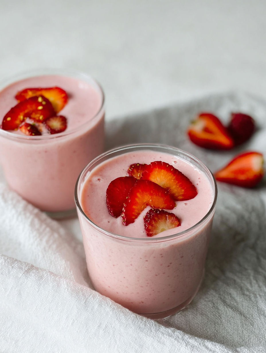 Two glasses of strawberry banana smoothie.