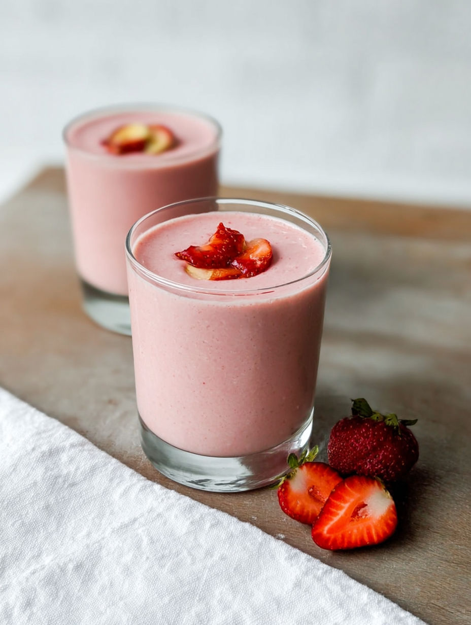 Two glasses of strawberry banana smoothie.