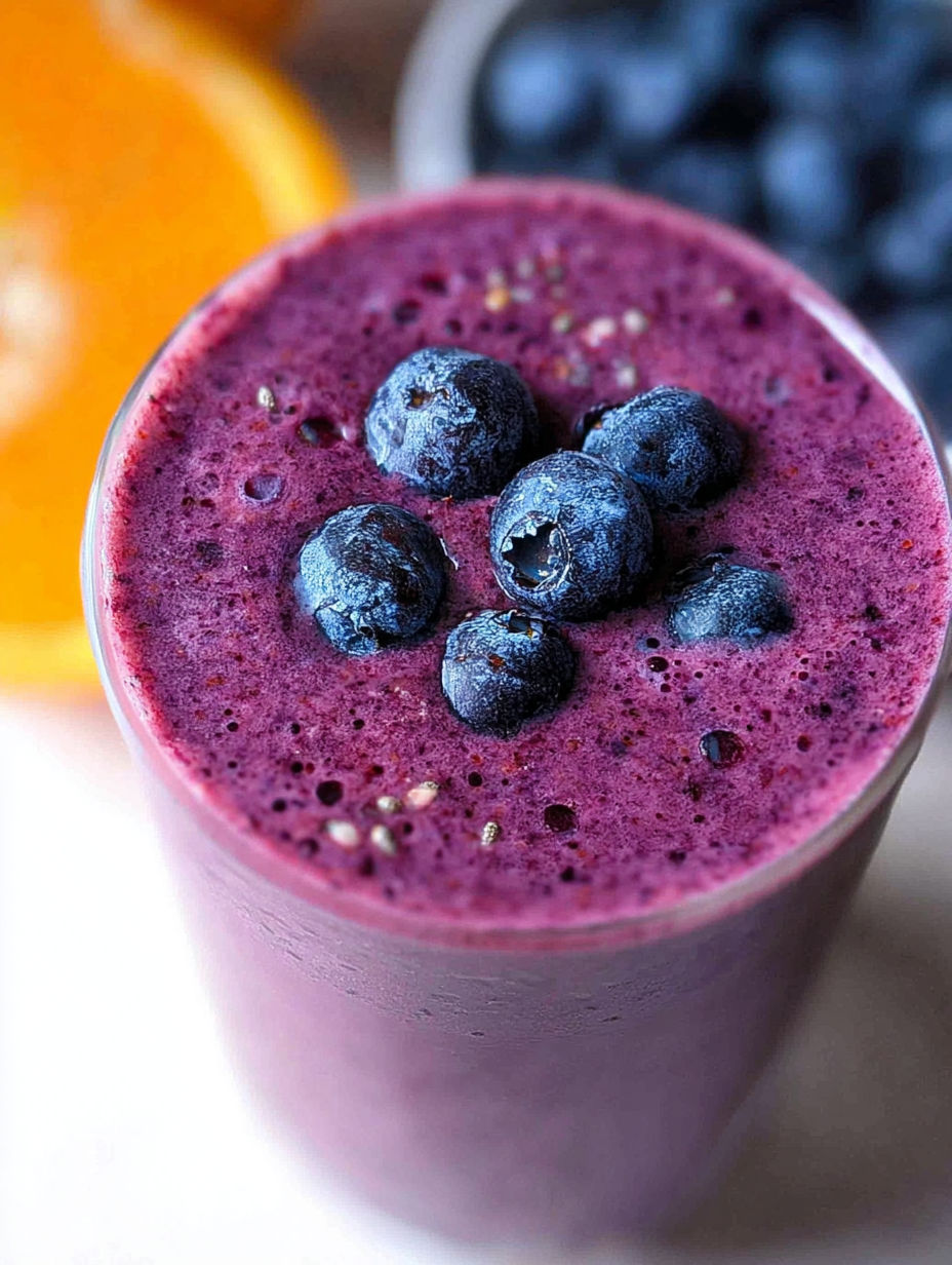 A glass of blueberry smoothie with a blueberry in it.