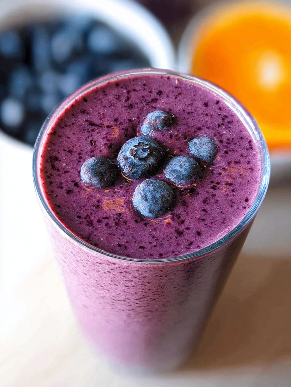 A glass of blueberry smoothie with a blueberry on top.
