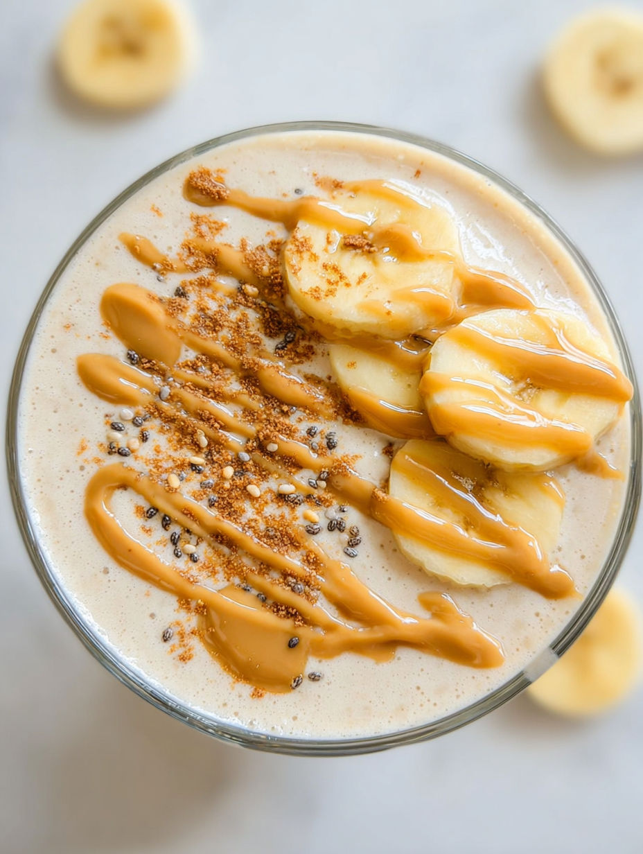 A glass of peanut butter banana smoothie.