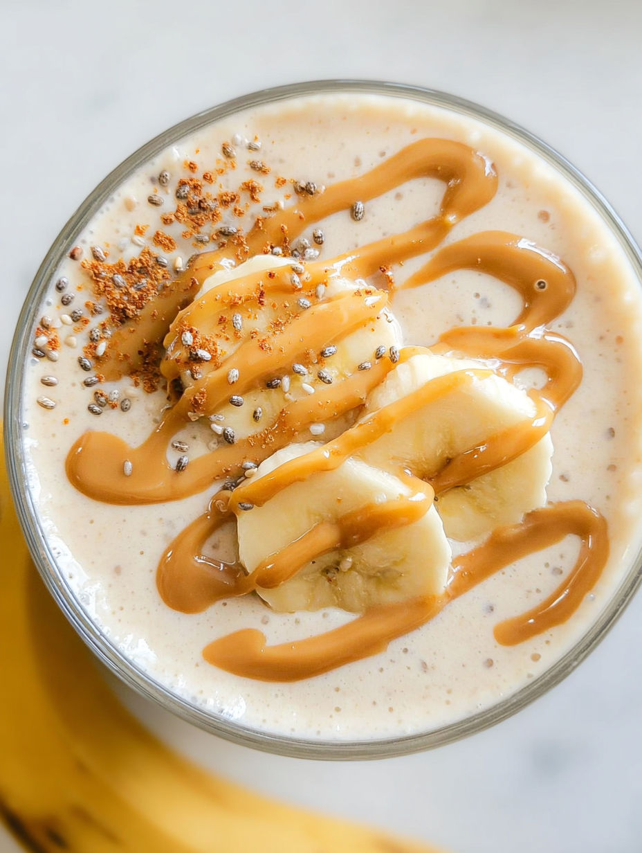 A glass of banana and peanut butter smoothie.