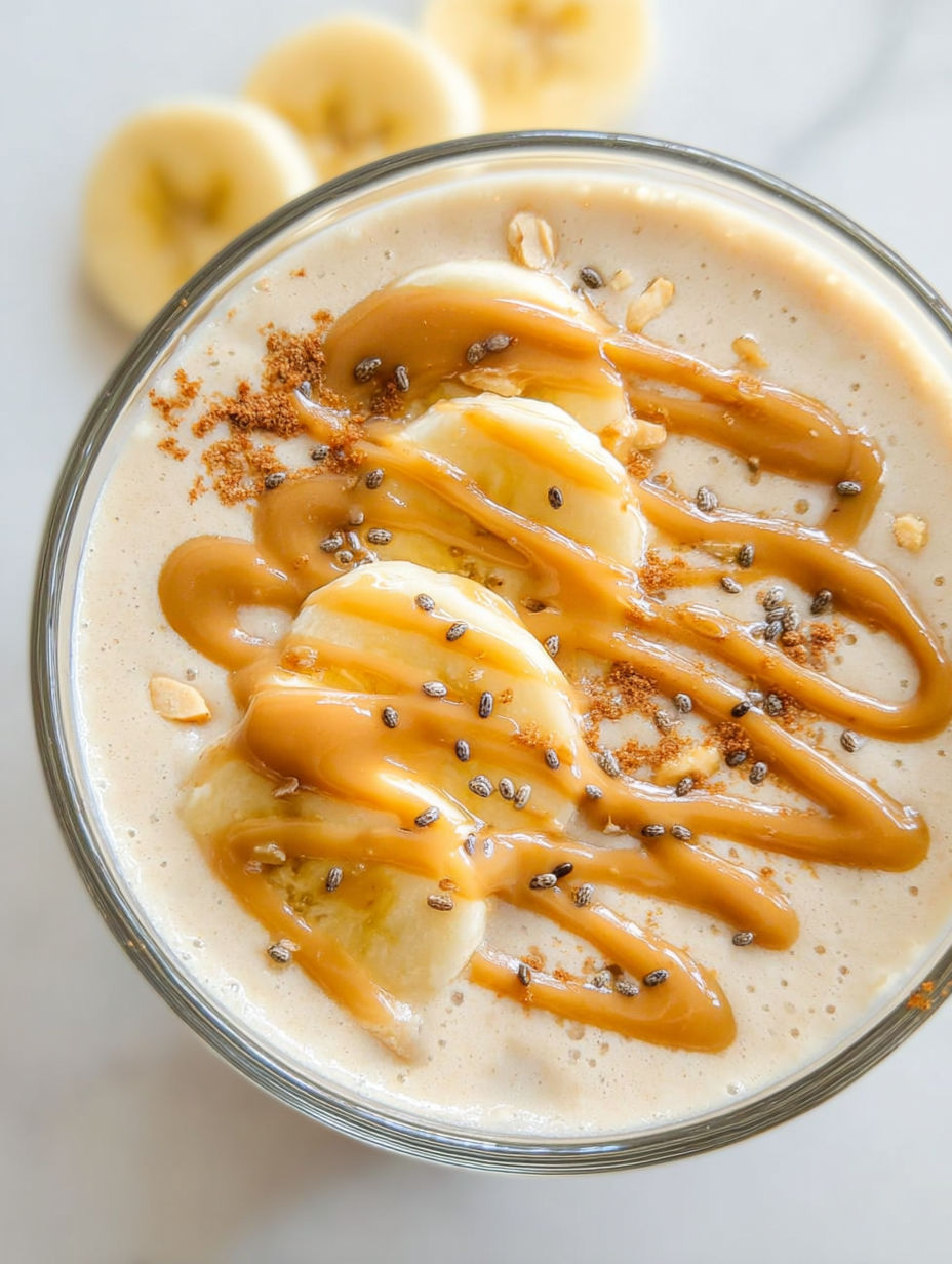 A glass of banana and peanut butter smoothie.
