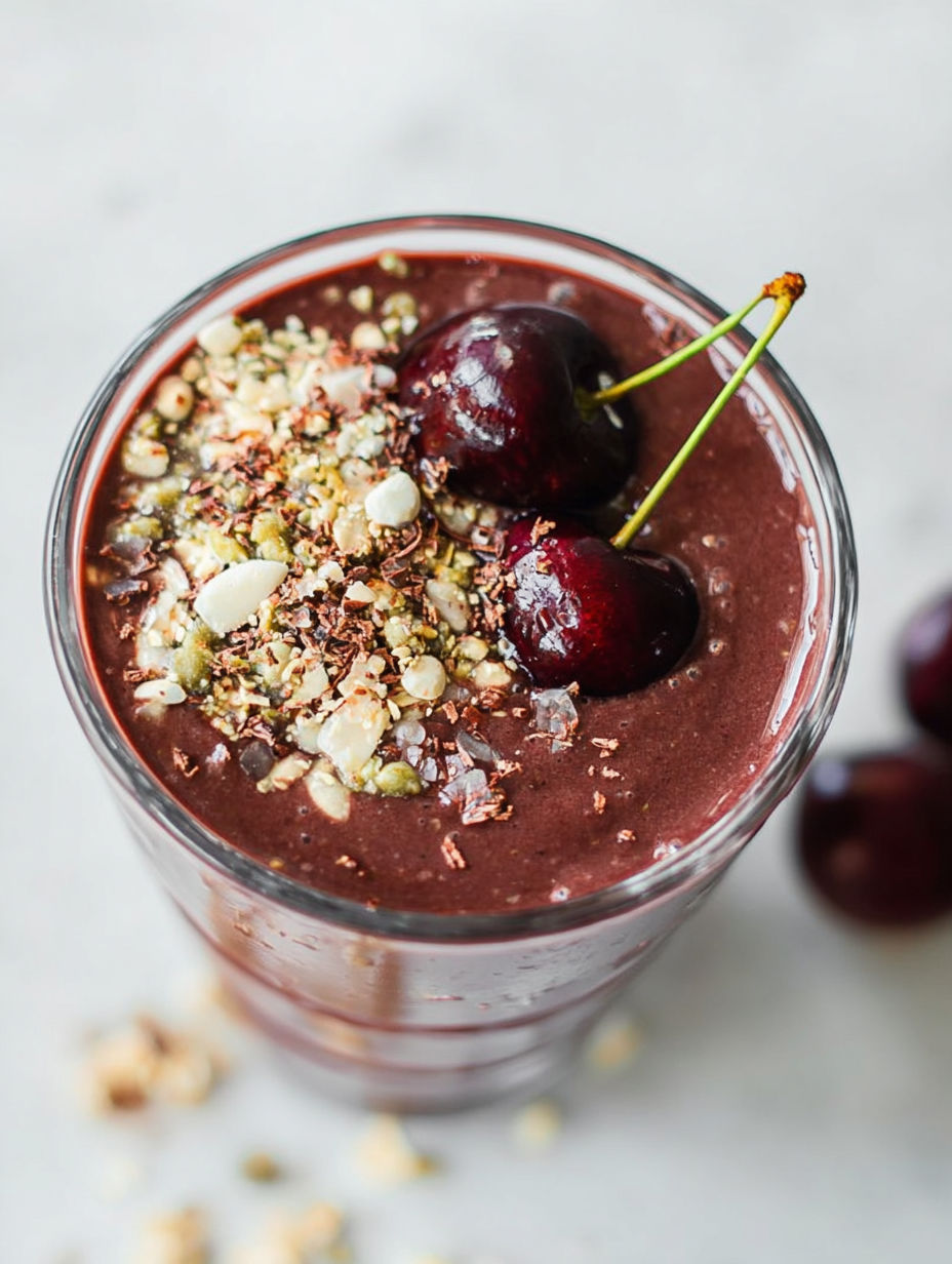 A glass of chocolate cherry smoothie with cherries on top.