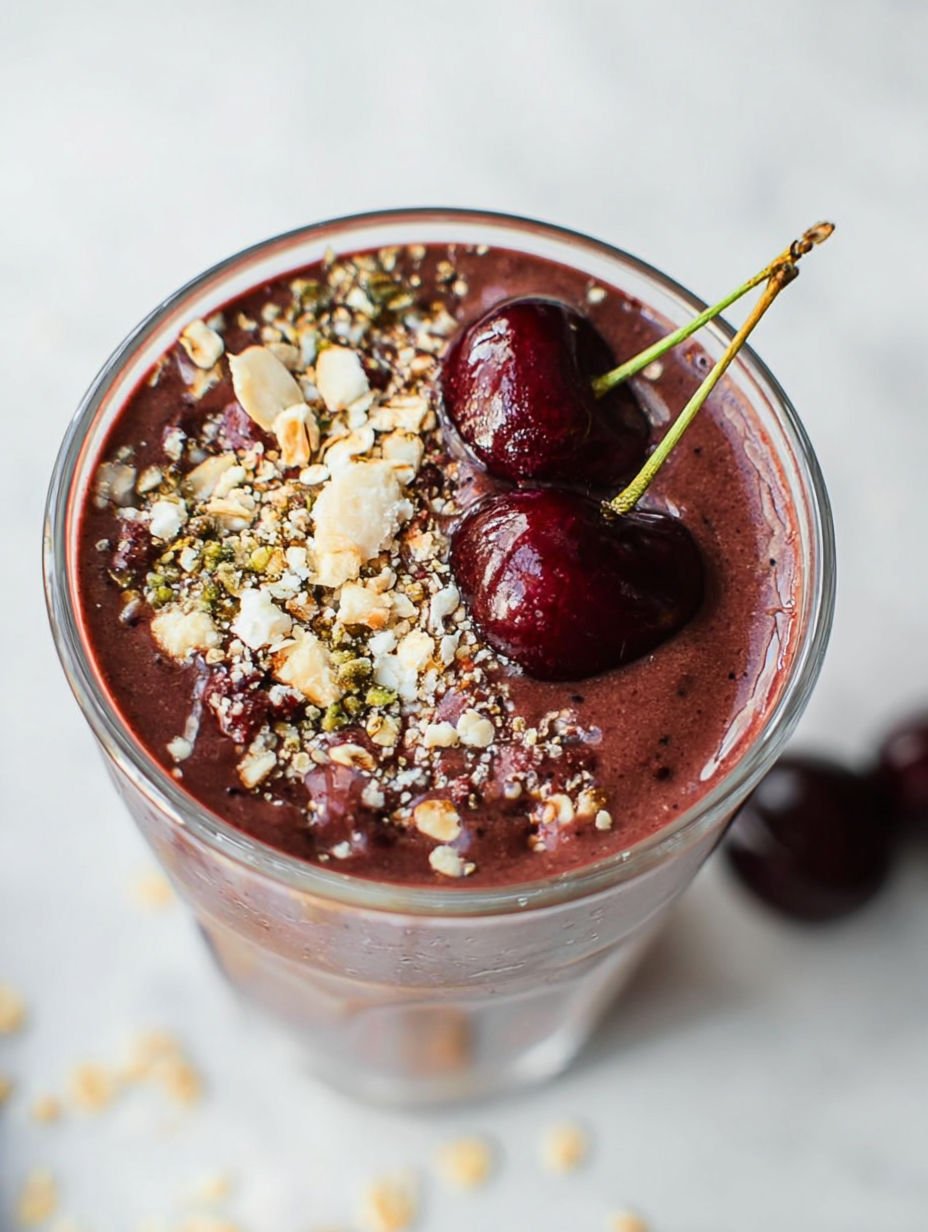A glass of chocolate cherry smoothie with cherries on top.