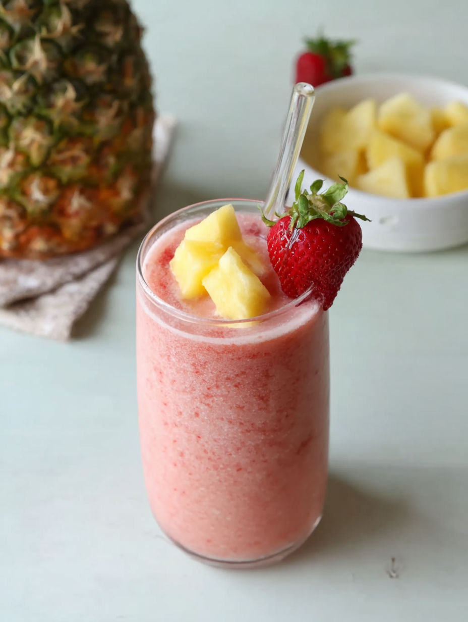 A glass of pink smoothie with a strawberry on top.