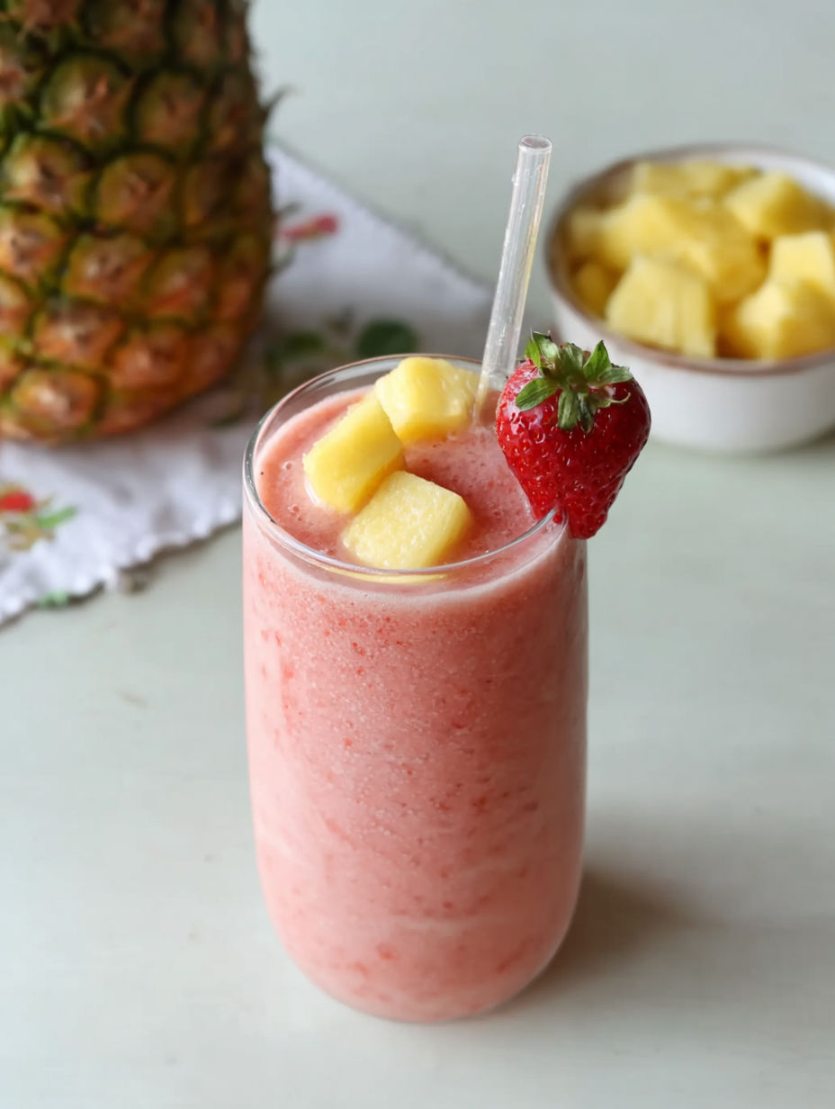 A glass of pink smoothie with a strawberry on top.