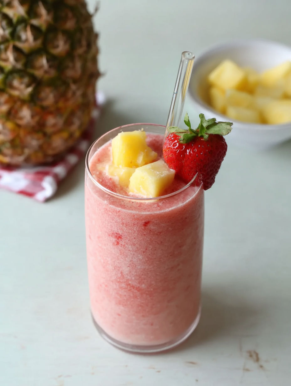 A glass of pineapple and strawberry smoothie.