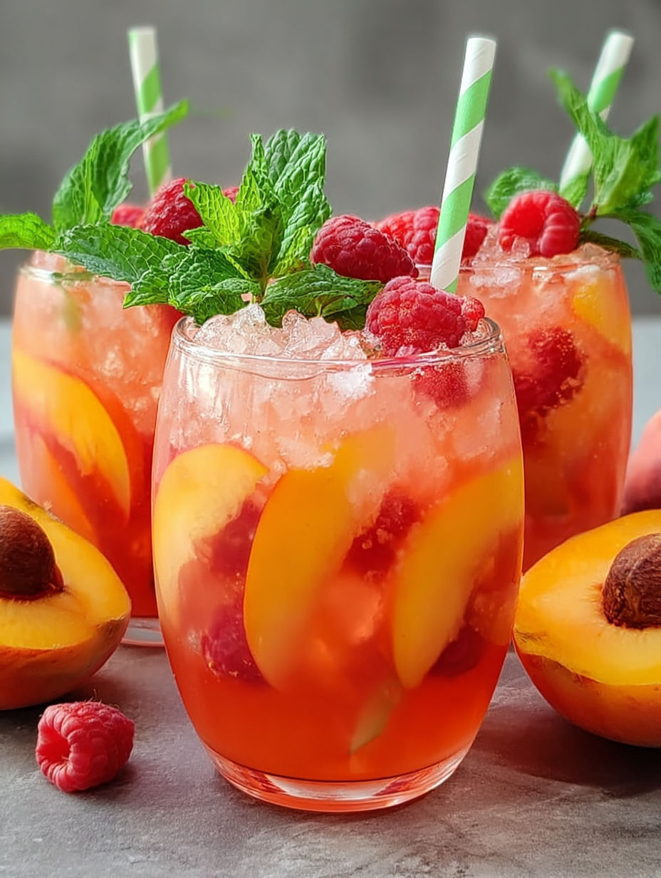 Two glasses of Raspberry Peach Lemonade.