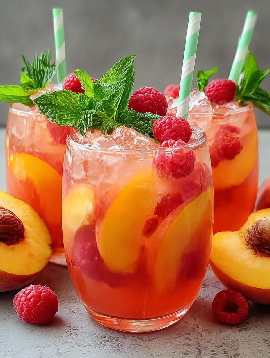 A glass of raspberry peach lemonade with a green straw.