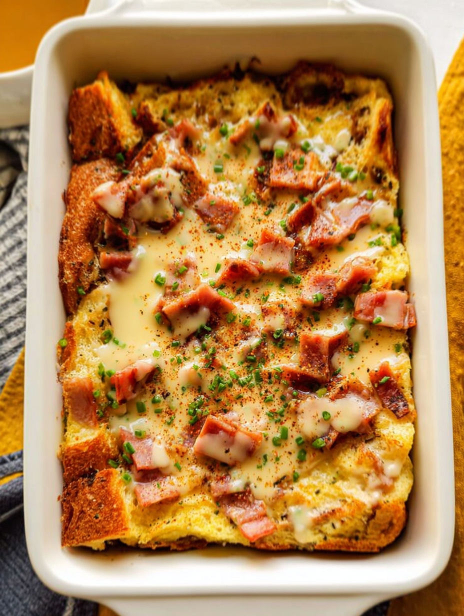 A casserole with eggs benedict toppings.