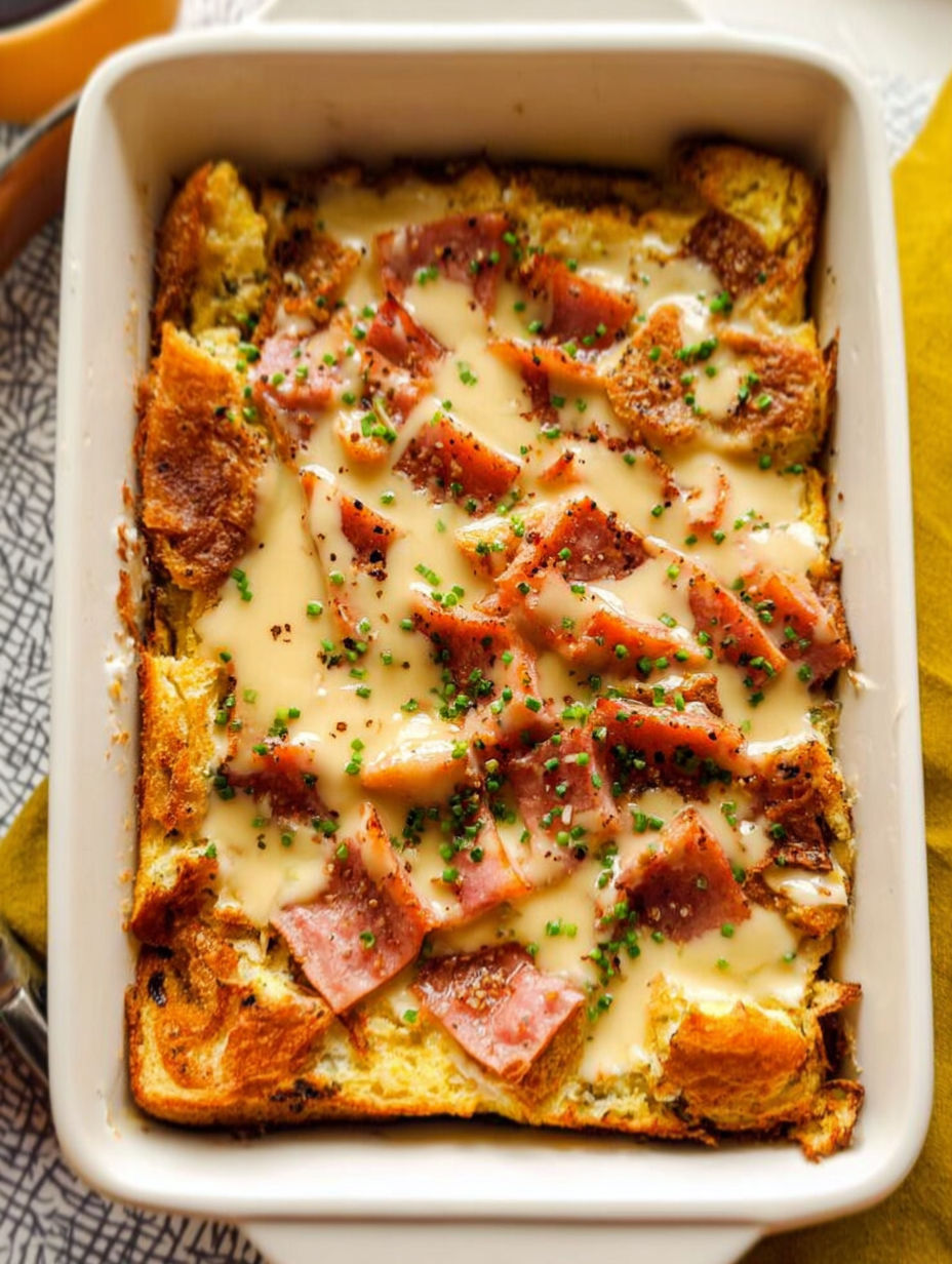 A casserole with ham and cheese.