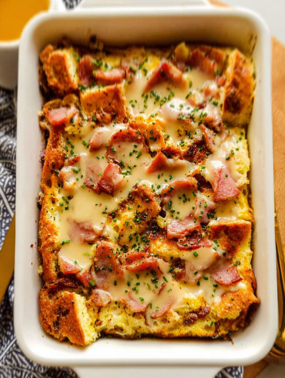 A casserole with ham and cheese.