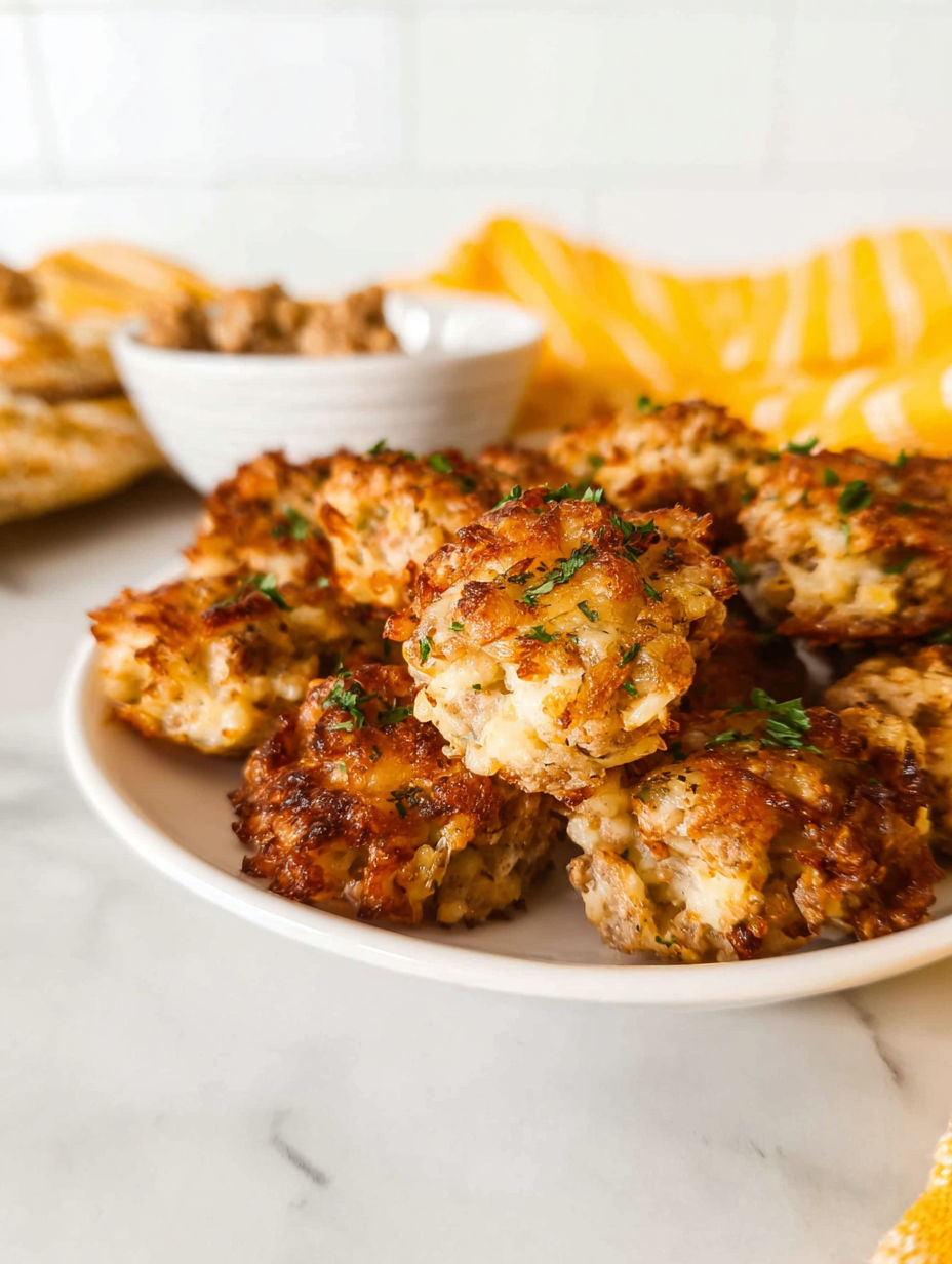 A plate of crispy hashbrown and sausage bites.