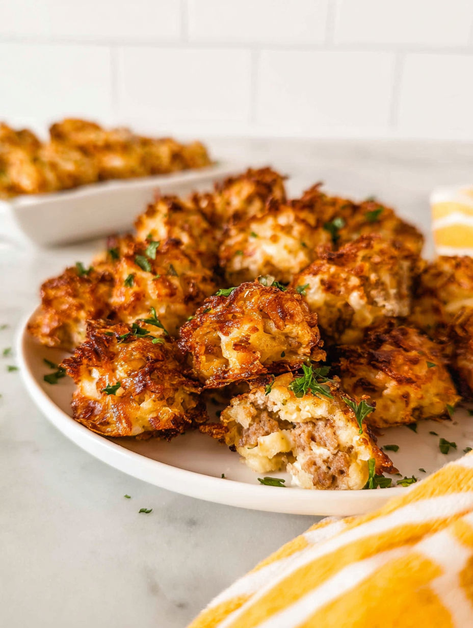 A plate of crispy hashbrown and sausage bites.