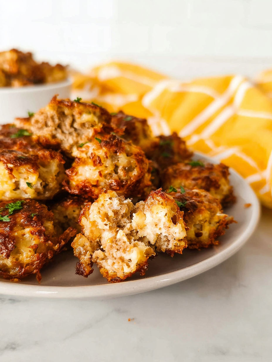 A plate of crispy hashbrown and sausage bites.