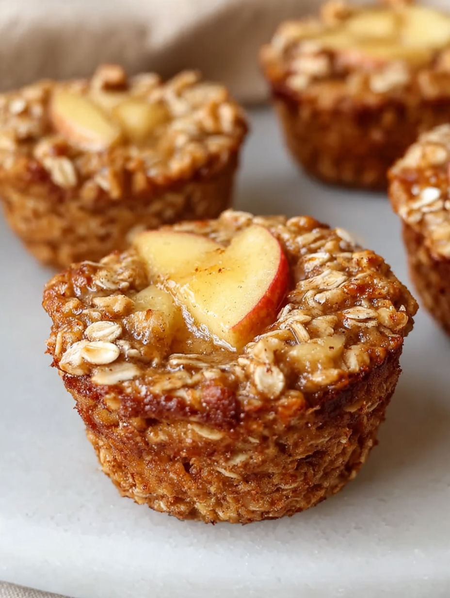 A close up of a baked apple cinnamon oatmeal cup.