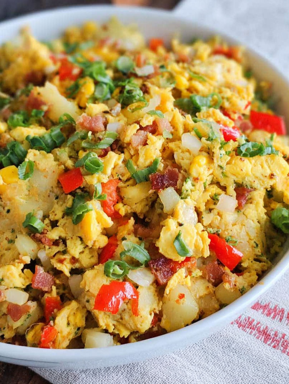 A skillet breakfast scramble with potatoes, peppers, and bacon.