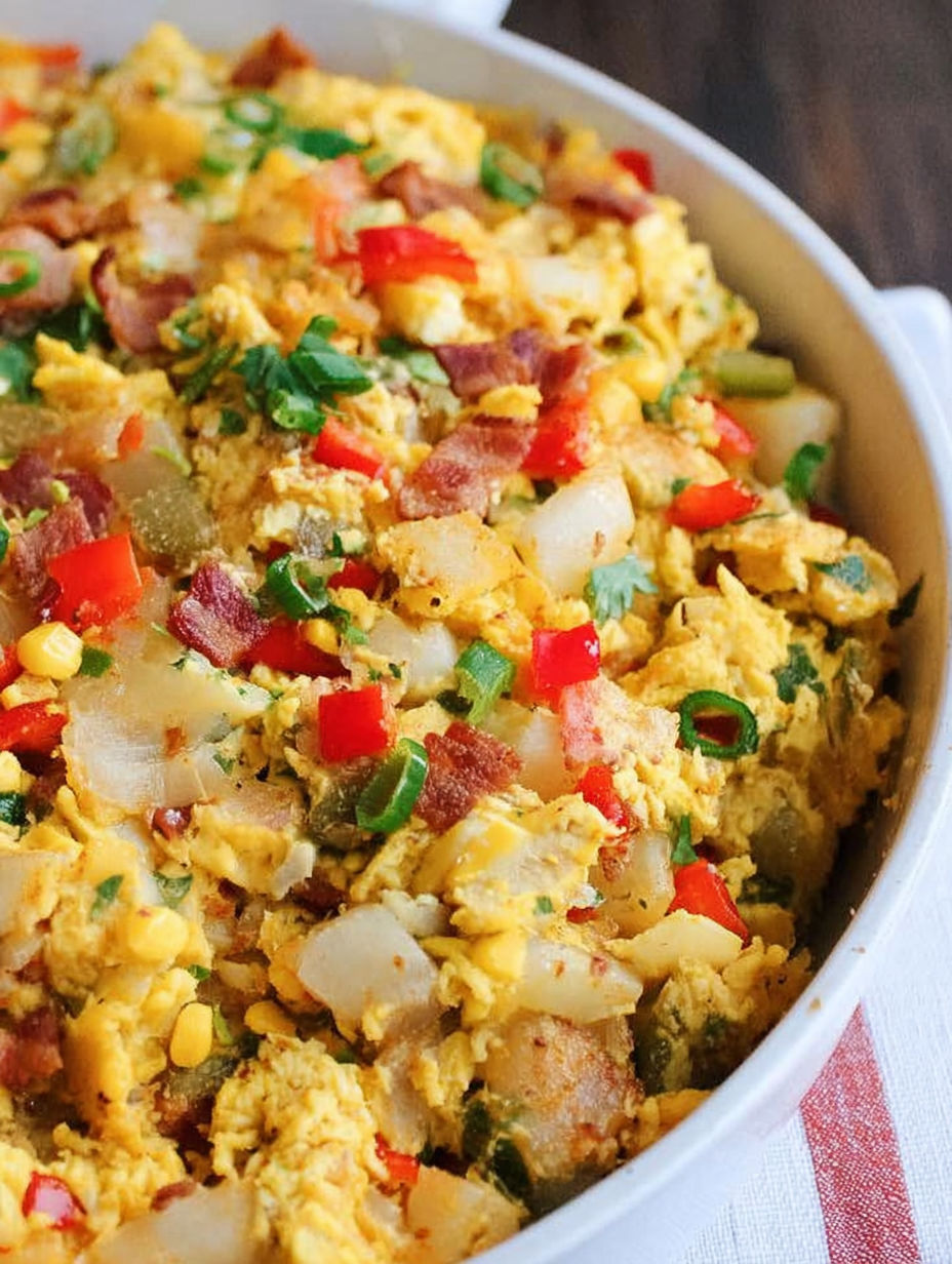 A skillet breakfast scramble with potatoes, peppers, and bacon.