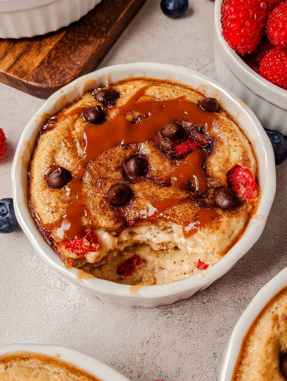 A baked protein pancake bowl with chocolate chips and raspberries.