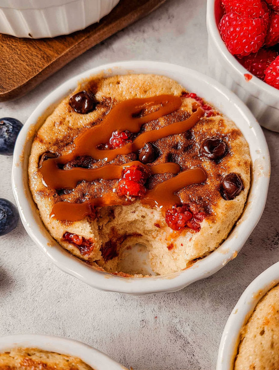 A baked protein pancake bowl with chocolate syrup and raspberries.