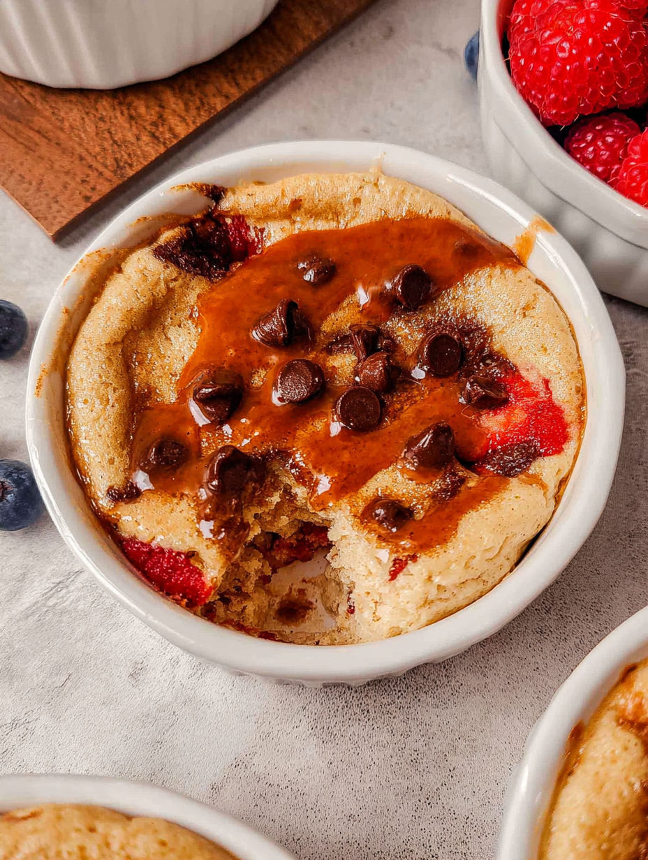 A baked protein pancake bowl with chocolate chips and strawberries.