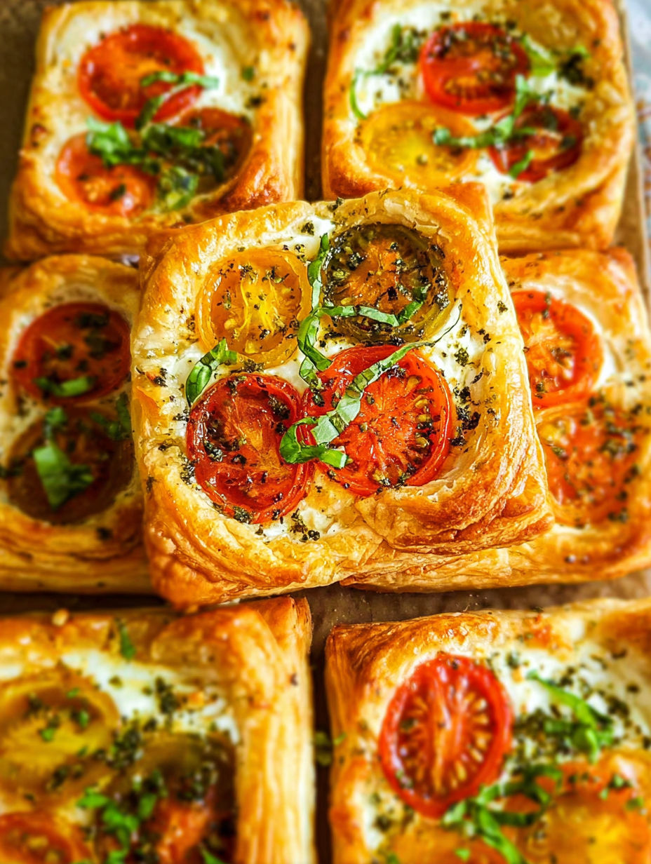 A close up of a tomato tartlet with puff pastry.