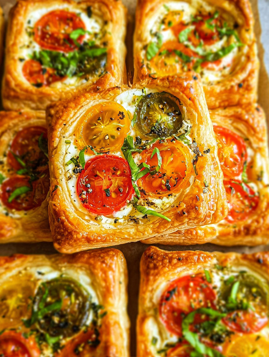 A close up of a tomato tartlet with puff pastry.