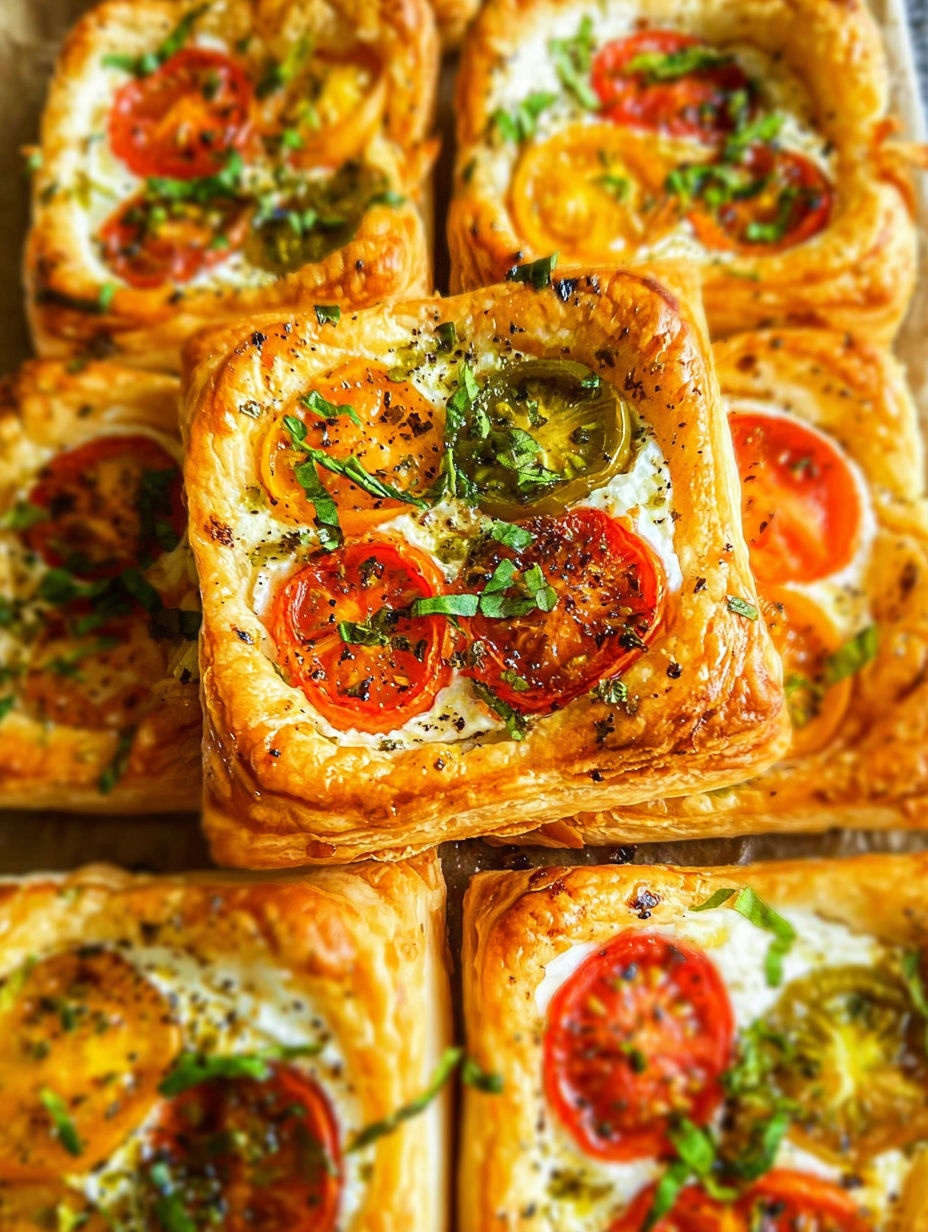 A close up of a tomato tartlet with puff pastry.
