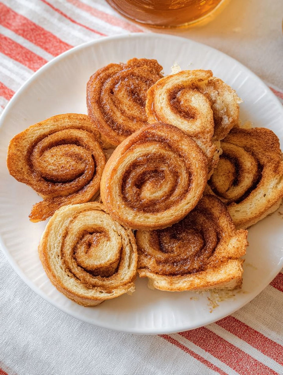 A white plate with cinnamon toast pinwheels.