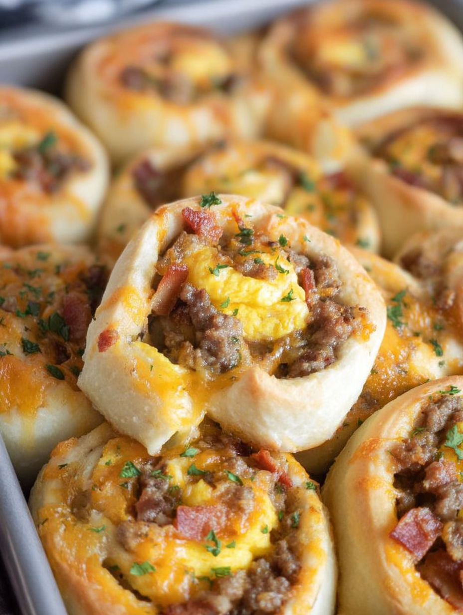 A plate of breakfast rolls with meat and cheese.